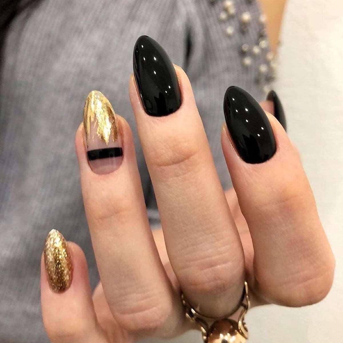 Black Gold Glitter Pointed Wear Nail Art Finished Fake Nails - Mes Faux Ongles