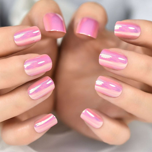 Faux Ongles Courts Rose Brillant avec Reflet - Mes Faux Ongles